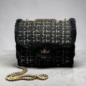 Black Tweed Faux Fur Trim Crossbody Gold Chain Shoulder Purse Designer Inspired